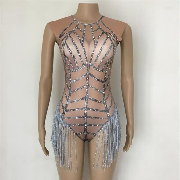 Sahne Giyim Seksi Rhinestones Gümüş Püskül Tenar Serçesi Kolsuz Çıplak Giysiler Kadın Dans Balo kıyafeti Gece Kulübü Kadın Şarkıcı SH2654