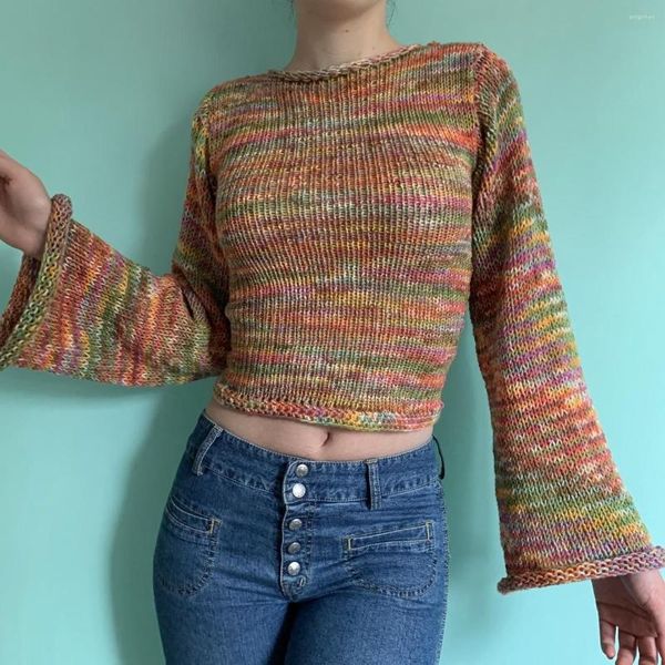 Kadın Sweaters 2023 Y2K Kadınlar Uzun Kollu Mahsul Üst Tığ Örgüsü Renk Blok Kazak Jumper Üstler gevşek patchwork gömlekleri 90s sokak kıyafeti