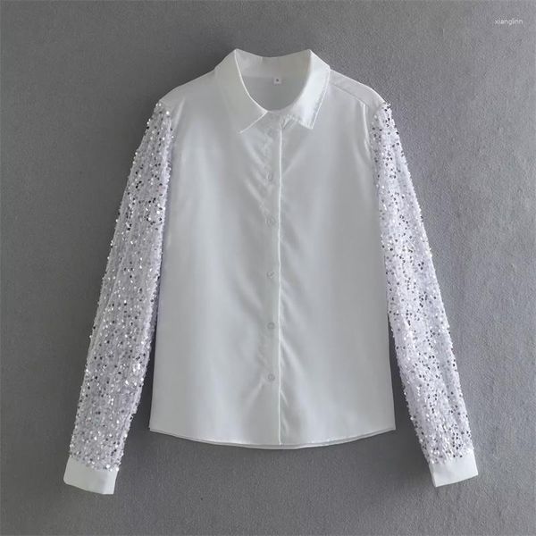 Camicette da donna Camicia a maniche lunghe patchwork con paillettes bianche moda donna 2023 Camicie lucide sciolte da donna primavera Chic monopetto