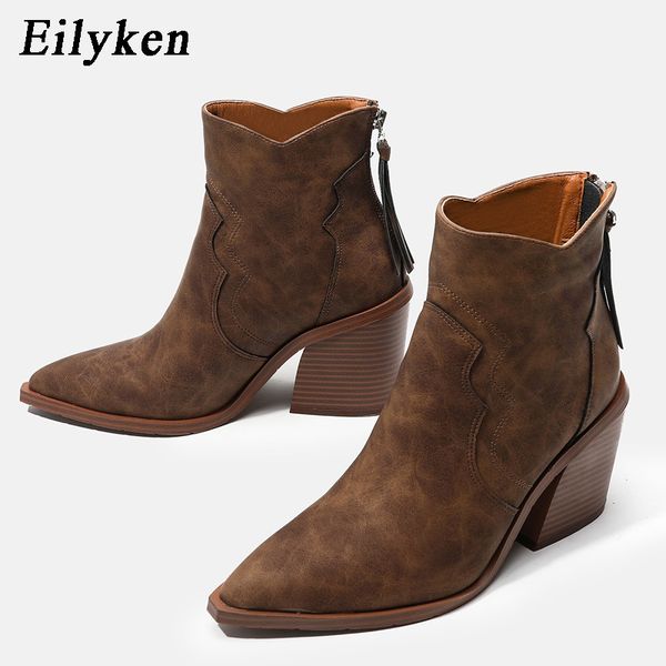 Botas Eilyken Design Franja Zíper Botas Femininas Bico Apontado Salto Ankle Botas Grossas Salto Quadrado Western Cowboy Sapatos Femininos 230728