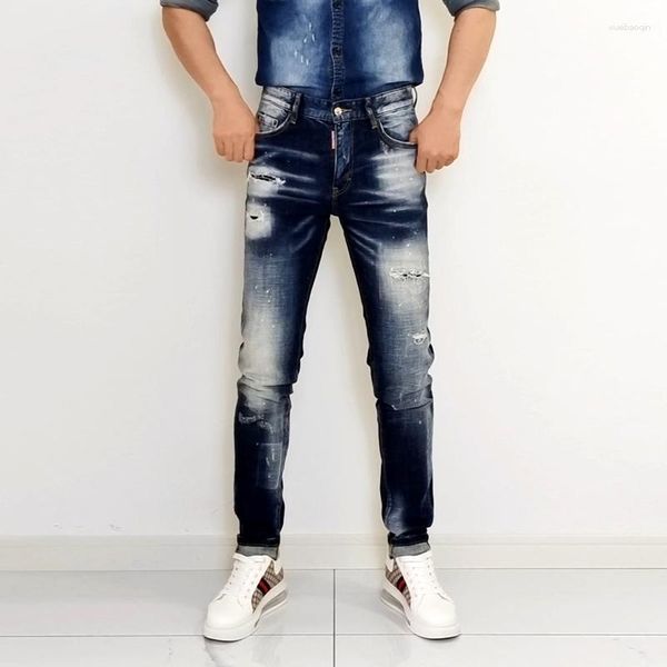 Мужские джинсы итальянский стиль мода Men Men Retro Blue Elastic Slim Fit Ruped Brand Designer Vintage Casual Denim Pants Hombre