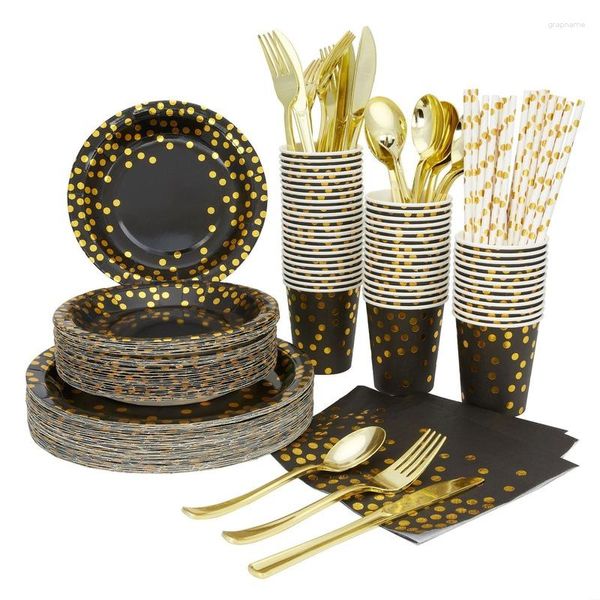 Tek kullanımlık yemek takımı siyah altın polka nokta parti kağıt tabak set fincan havlu masa örtüsü plastik tabaklar düğünler için