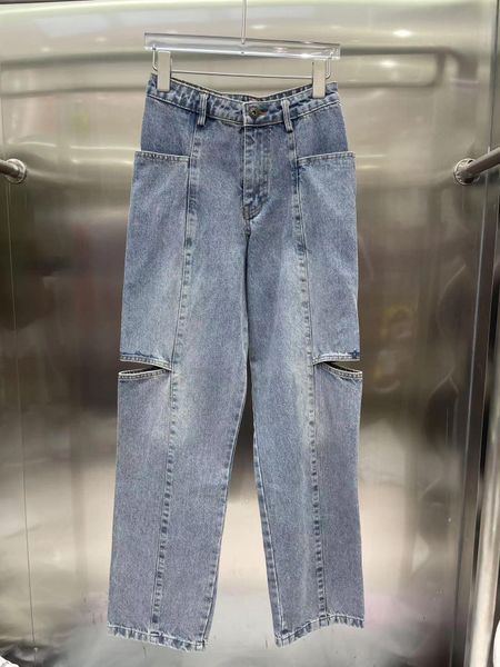 2023 primavera outono jeans para mulheres marca de luxo jean cintura alta remendo vazado logotipo bordado decoração casual azul calças retas jeans 4 estilos