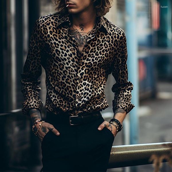 Camisas casuais masculinas Camisa vintage com estampa de leopardo masculina 2023 marca anos 70 festa discoteca masculina slim fit manga longa vestido de botões Chemise Homme