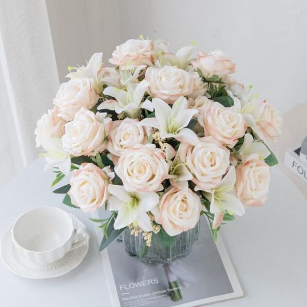 Flores decorativas de alta qualidade seda rosa lírio buquê casamento plantas artificiais casa decoração de natal vaso arranjo de flores interior