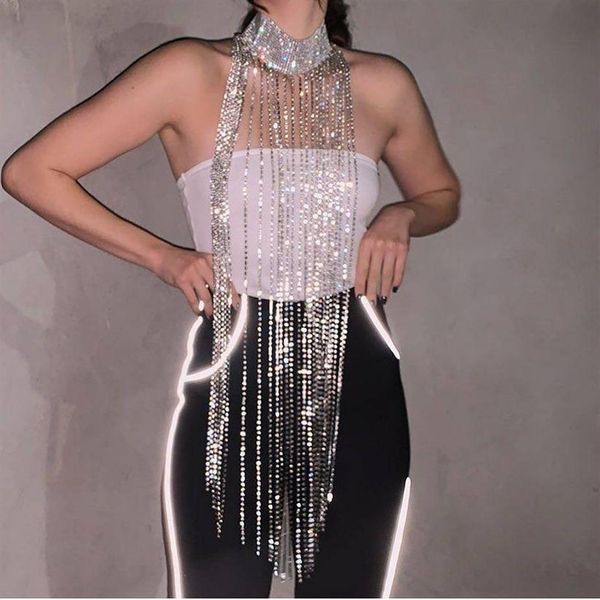 Acessórios de fantasia Bling Diamante Metal Tassel Body Chain Gargantilha Ajustável See Through Hollow Out Cover Up Top Party Night Club 253T