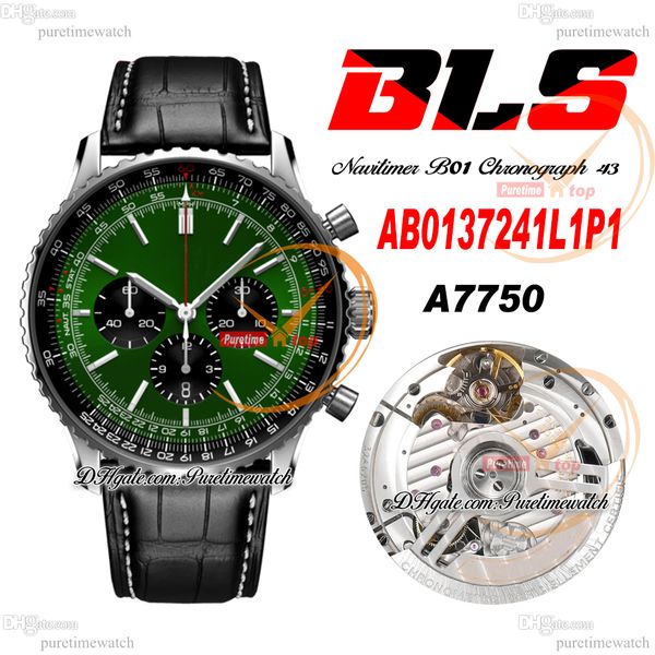 BLS Navitimer B01 ETA A7750 Automatik-Chronograph Herrenuhr, grünes Stick-Zifferblatt, schwarzes Lederarmband AB0137241L1P1 Super Edition Reloj Hombre Uhren Puretime K11