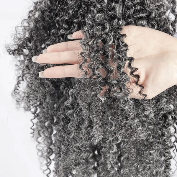 Salz- und pfefferfarbener, verworrener, lockiger grauer Pferdeschwanz mit grauem Haar für schwarze Frauen, Kordelzug-Clip in natürlichem, silbergrauem Hochsteckfrisur-Haarteil, 120 g