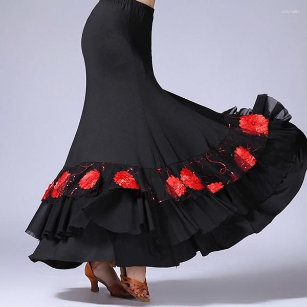 Stage Wear Women Flamenco Ballroom Practice Dress Spagnolo Fancy Belly Dance Paillettes Flower Ricamo Ruffle Gonna Gypsy con grandi ali