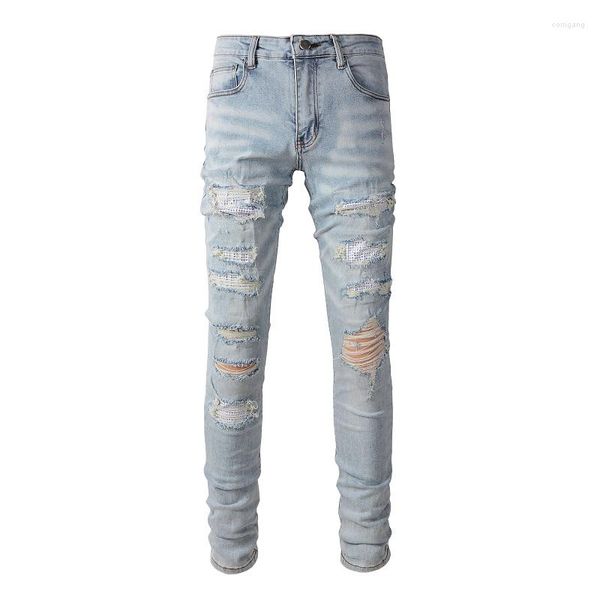 Jeans Masculino Arrivals Light Blue Desgastado Streetwear Stretch Skinny Strass Patch Destroyed Buracos High Street Slim