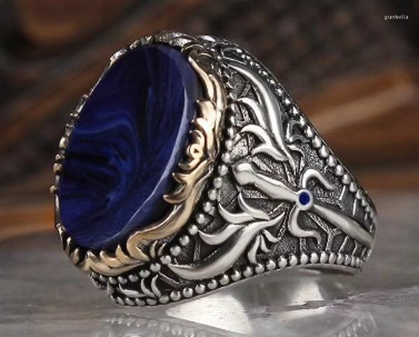 Conjunto de anéis vintage de metal incrustado de pedra azul anel masculino de uso diário empresarial