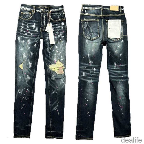 Jeans masculino roxo Marca designer de moda europeu Jean Hombre Letter Star Men bordado patchwork Rasgado para tendência Calça de motocicleta masculina skinny Ynmc