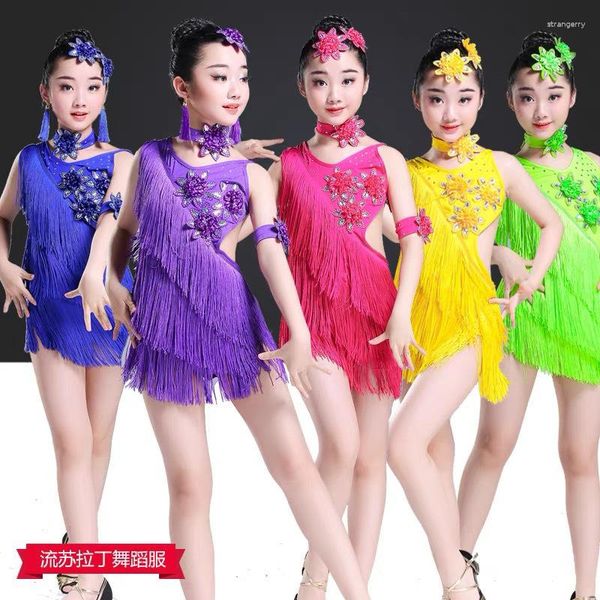 Estilo de roupa de palco Dança latina para meninas Performance Roupas Concurso de borlas Exame de nota Vestido de prática profissional