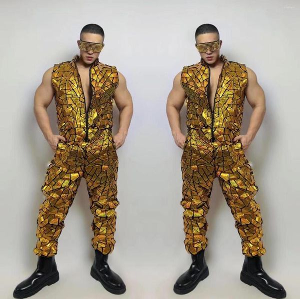 Abbigliamento da palcoscenico Tuta con paillettes a specchio dorato Tuta da ballo hip-hop per uomo adulto Costume da ballerino DJ per discoteca