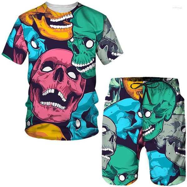 Tute da uomo T-shirt con stampa teschio 3D Tute Estate Cartone animato Harajuku Abbigliamento per bambini Casual da donna O-Collo Top Pantaloncini Set da 2 pezzi