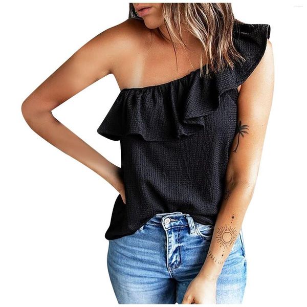 T-shirt da donna Moda Casual Sexy Tinta unita Una spalla senza maniche Canotta arruffata Top Donna Camicetta 2023 T-shirt oversize