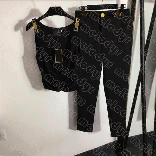 Set casual da donna Canotta sexy Leggings da yoga elastici alti Lettera in metallo T-shirt senza maniche nere Pantaloni Set Abbigliamento sportivo di design