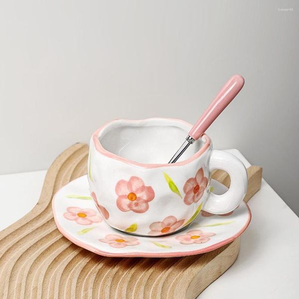 Copos Pires pintados à mão Flor Cerâmica Copo de Café Caneca para Escritório em Casa com Prato Colher Café da Manhã Suco de Leite Chá Lidar com Presente Conjunto de Copos