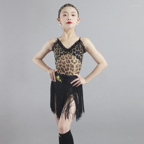 Bühnenkleidung Mädchen Latin Dance Kostüm Leopard Top Fransen Rock Kinder Ballsaal Wettbewerb Kleid Praxis XS6093