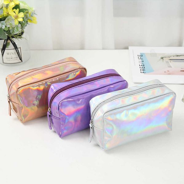 Bolsas de cosméticos Estojos Moda Laser Pu Bolsa de cosméticos portátil colorida quadrada grande capacidade armazenamento para lavar as mãos 230704