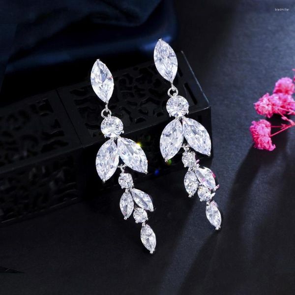 Orecchini pendenti ThreeGraces Sparkling Marquise Cut Cubic Zirconia Silver Color Long Leaf Drop Per le donne Chic Party Jewelry E1280