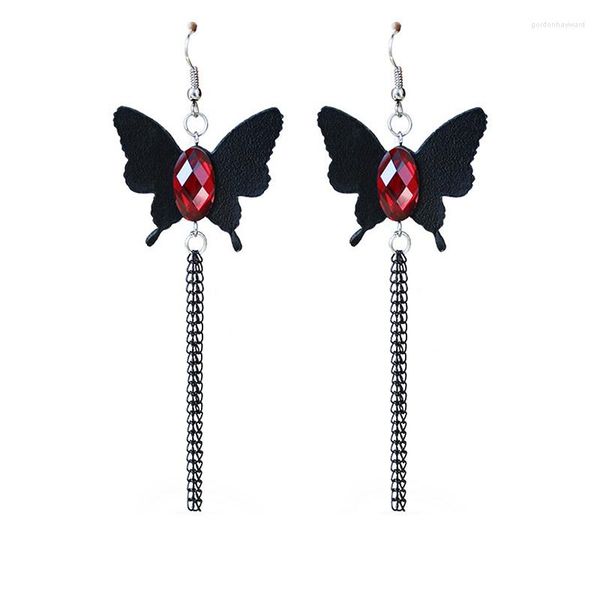 Orecchini pendenti fatti a mano da donna sexy gotica nera in pelle PU farfalla pietra rossa multi catena nappa goccia moda gioielli extra