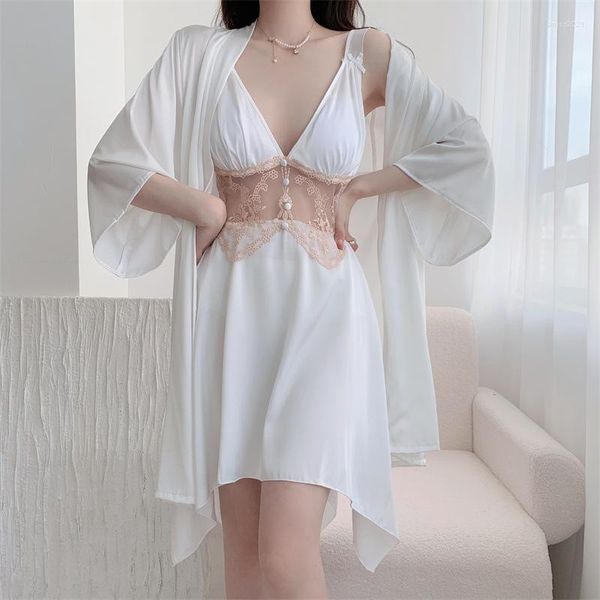 Kadınların pijama jxgarb 2023 Varış Buz-Silk Robe Elbise Setleri Şeffaf Derin V Pad Göğüs Bayanlar Düğün Gelinleri Nightwear Pijamalar