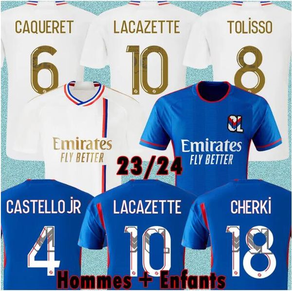 23 24 Lyon Fußballtrikots Maillot de Foot CAQUERET OL 2023 2024 Fußballtrikot BARCOLA CASTELLO JR CHERKI TAGLIAFICO TOLISSO Männer Kinder Kit Set Ausrüstung Uniformen