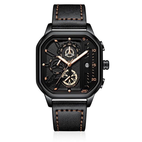 Cool Black NEKTOM Marca Hollow Out Relógios Masculinos Relógios de Quartzo Precisos Pulseira de Couro com Mostrador Quadrado Luminoso Relógios de Pulso 218f