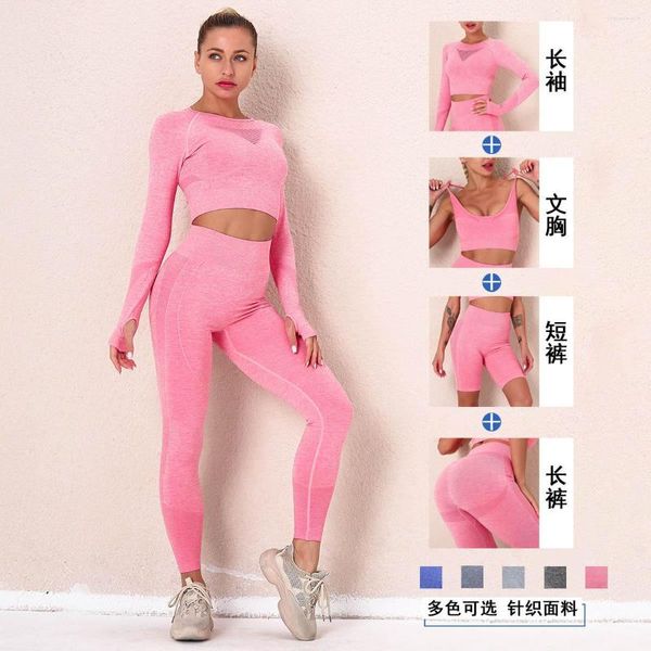 Completi sportivi Completi da 4 pezzi da donna Esercizi a coste Girocollo Reggiseno sportivo Monospalla Top Vita alta Pantaloncini Leggings Set