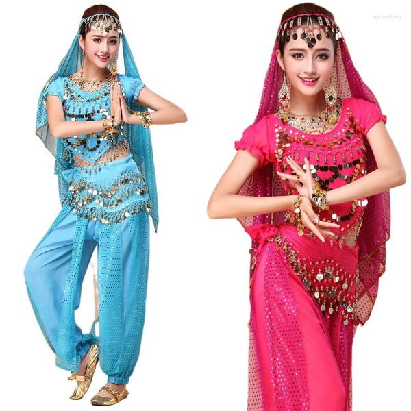 Stage Wear 4PCS Chiffon Bollywood Costumes Women Dance Set Saree Belly Pant Performance Clothes