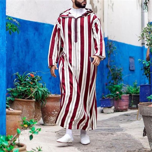 Abbigliamento etnico Musulmano Thobe Abbigliamento Uomo Felpa con cappuccio Ramadan Robe Kaftan Abaya Dubai Turchia Islamico Maschile Casual Sciolto Strisce rosseEtnico297E