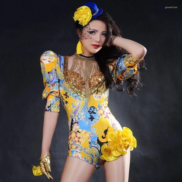 Roupas de palco Body amarelo estampado fashion Trajes de dança de jazz Roupas de pole dance Boate Dj Feminino Hip Hop Outfit