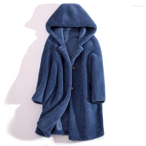 Pelliccia da donna di alta qualità di media lunghezza con cappuccio tutto in lana cappotto di shearling di pecora donna inverno casual faux Ropa Mujer Invierno 2023