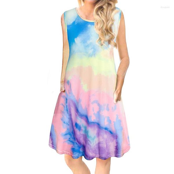 Abiti casual 2023 Summer Tie-Dye per le donne Beach Cape Stripe Stampa Tees Vestito estivo Tasche senza maniche Allentato Backless