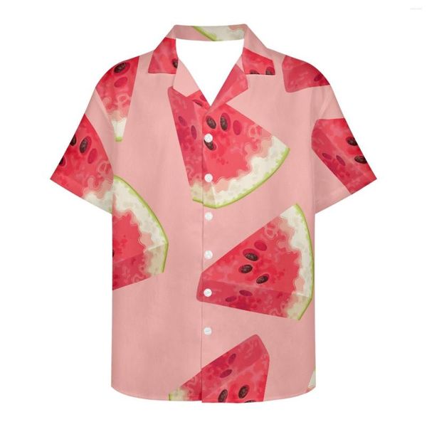 Camisas Casuais Masculinas Padrão de Frutas para Festas Bebidas Sobremesa Loja de Praia Roupas Melancia Verão Manga Curta Havaiano Para Homens Secagem Rápida
