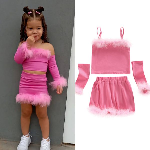 Conjuntos de roupas de 16 anos para crianças, meninas, roupas de outono, para bebês, tops peludos, sem mangas, com manga comprida, saias curtas, 3 peças, roupa de moda infantil 230728