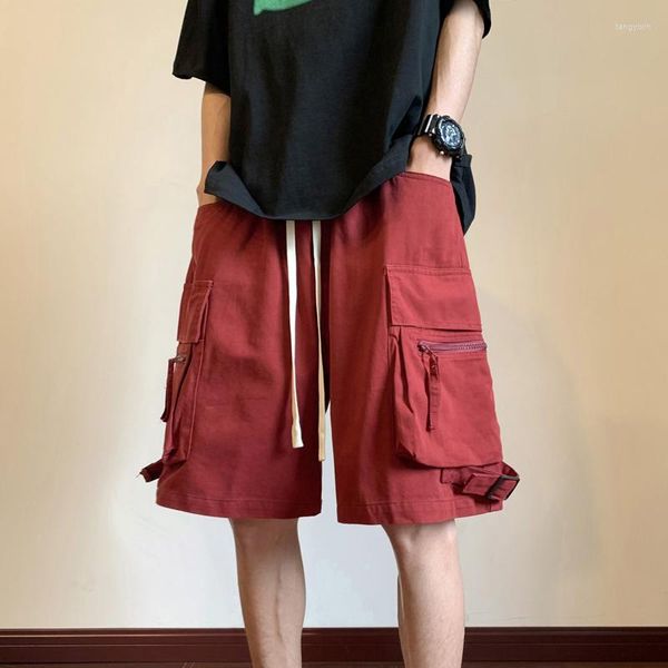 Shorts masculinos 2023 verão com zíper bolso cargo cargo masculino função tática casual curto hip hop cintura elástica escuro streetwear