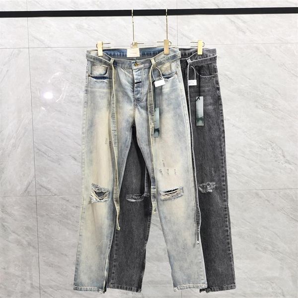 23SS Men USA Washed Broken Holes Denim Jeans Long Ribbon Patchwork Jeans High Street Trousers Bottoms3201