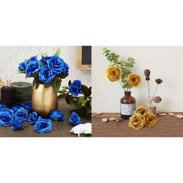 Flores decorativas de seda artificial cabeças de flores rosas 100 unidades para roupas de chapéu decoração de casamento (azul escuro dourado)