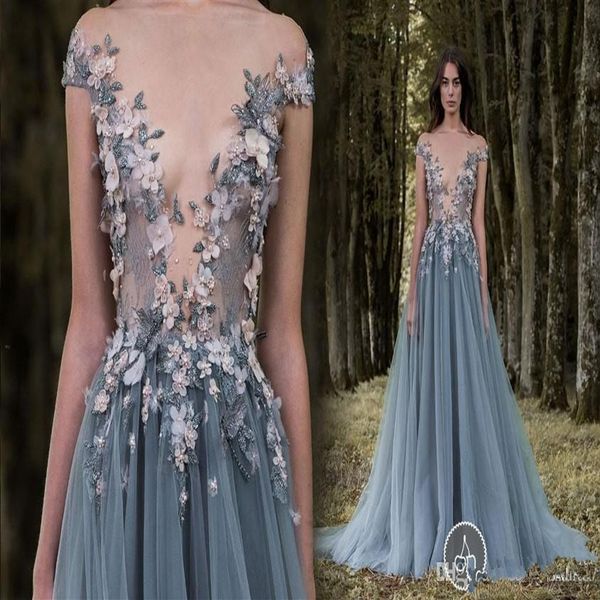 Incredibili abiti da sera con applique di fiori 3D Collo trasparente Manica ad aletta Grigio A Line Abiti da ballo Paillettes Perline Tulle Lunghezza pavimento Formale216d