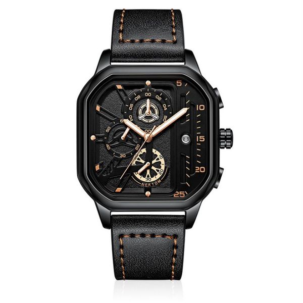 Cool Black NEKTOM Marca Hollow Out Orologi da uomo Orologio al quarzo accurato Cinturino in pelle Luminoso quadrante quadrato Orologi da polso316J