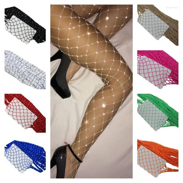 Frauen Socken Sommer Große Mesh Sparkle Fishnet Große Farbige Strumpfhosen Bling Silber Strass Leggings Glitter Tanz Strumpfhosen