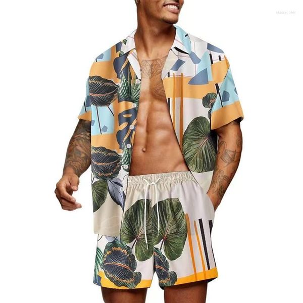 Fatos de Treino Masculino Summer Cools Holiday Flowers Conjunto de Camisas Masculinas Estampadas Lapela Peito Único Clássico Roupas de Festa na Praia Masculino Agasalho de Treino Casual