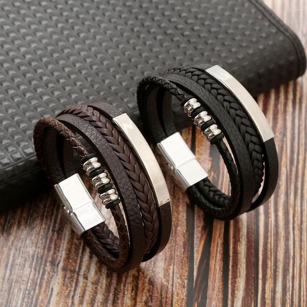 Bracelete de couro multicamadas trançado feito à mão com fivela magnética de alta qualidade para homens