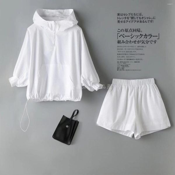 Agasalhos femininos conjunto de verão feminino coreano 2023 terno de moletom com capuz branco liso Hoolow Out shorts de manga comprida duas peças