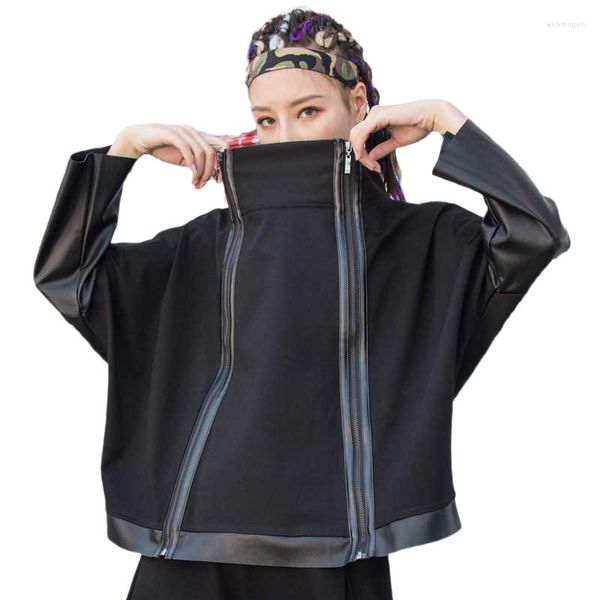 Moletom Feminino Batwing Moletom Com Zíper Frontal 2023 Feminino Casaco Com Capuz Preto PU Couro Patchwork Plus Size Jumpers Harajuku LT759S40