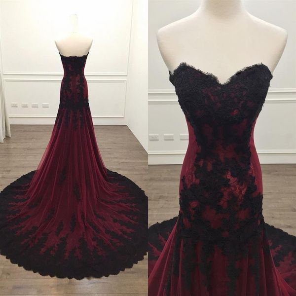 Abiti da ballo a sirena in pizzo nero in velluto bordeaux 2022 Abiti da sera eleganti moderni senza spalline eleganti Vestido De Novia Donna formale D2397