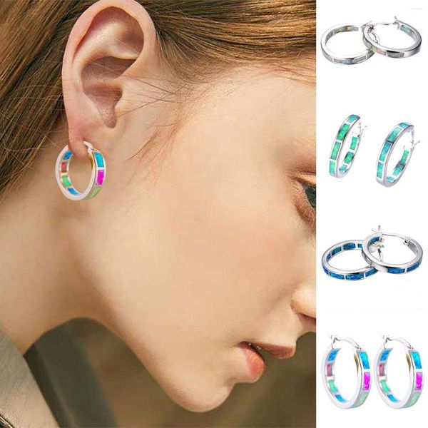 Orecchini a cerchio Pietra opale Rotonda Gioielli colorati Temperamento Orecchino a forma di C Acciaio inossidabile Accessori donna Pendientes