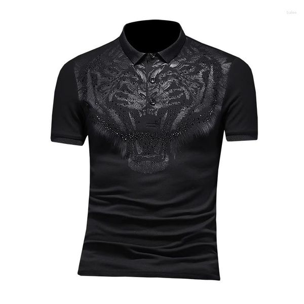 Camisetas masculinas com lapela e manga curta, camiseta polo com estampa de tigre, justa, gelo, meia manga, top masculino